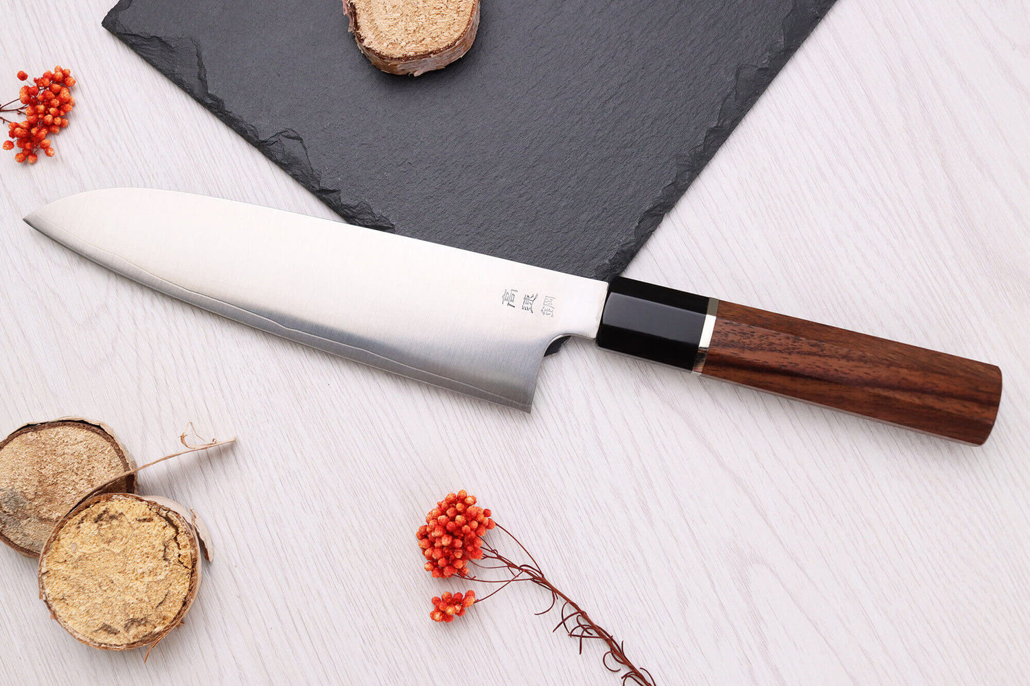 Couteau santoku 19,5cm japonais artisanal Sukenari HAP40 San Maï manche en bois de rose