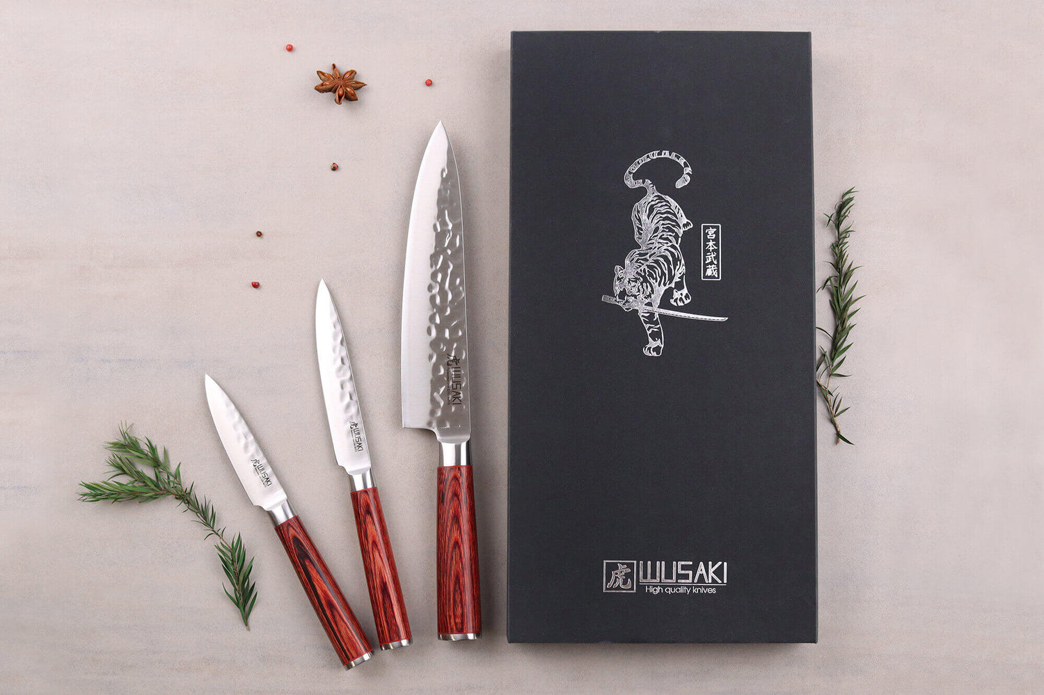 Coffret 3 couteaux Wusaki Pakka X50 pakkawood Chef + Universel + Office