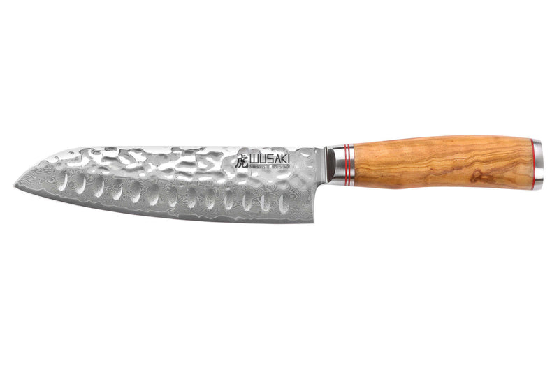 Couteau santoku Wusaki Damas 10Cr alvéolé 18cm manche en olivier