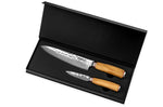 Coffret de 2 couteaux Wusaki Damas 10Cr manches en olivier Chef + Office