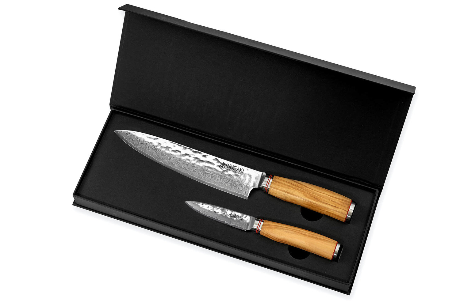 Coffret de 2 couteaux Wusaki Damas 10Cr manches en olivier Chef + Office