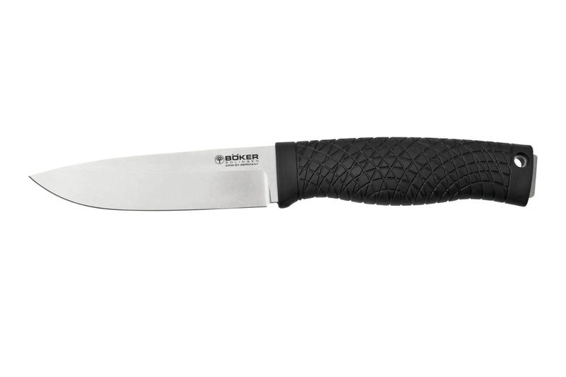 Couteau Böker Bronco 121504 lame en acier 11,3cm manche en TPE noir + étui en cuir avec allume-feu