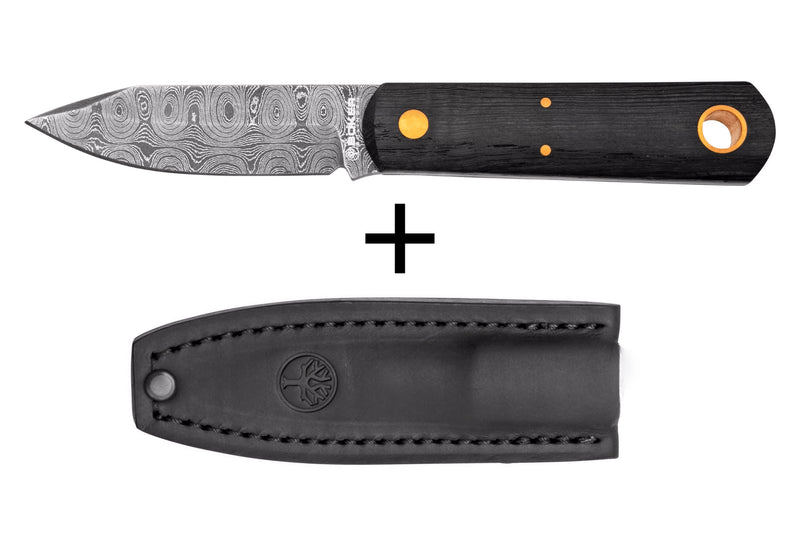 Couteau Böker Barlow 120508DAM lame damassée 7cm manche en bois de chêne noir + étui en cuir