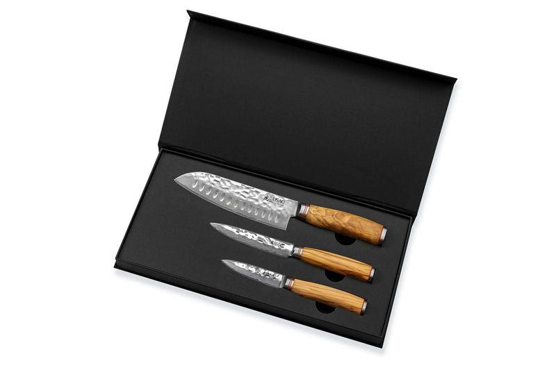 Coffret 3 couteaux Wusaki Damas 10Cr olivier Santoku + Universel + Office