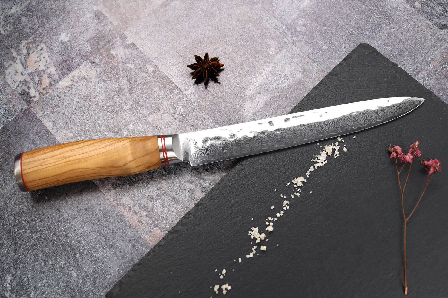 Couteau à découper Wusaki Damas 10Cr 20cm manche en olivier