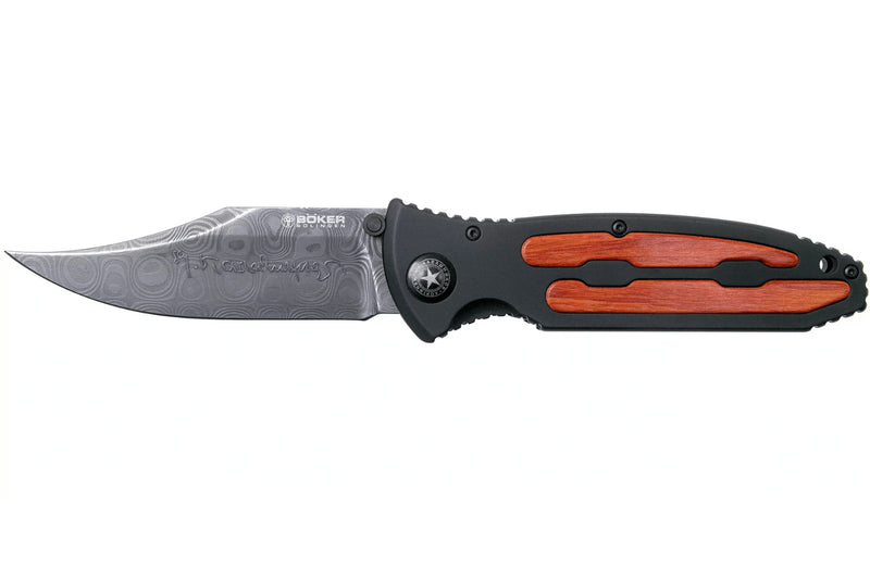 Couteau pliant Böker Kalashnikov Bayonet Damas 11KAL48DAM manche en alu et ironwood noir/bois 13cm