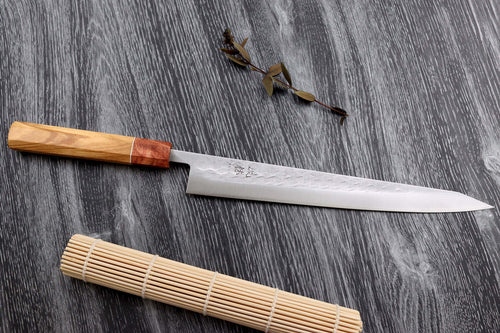 Couteau sujihiki 27cm japonais artisanal Yuzo SLD olivier et cognassier